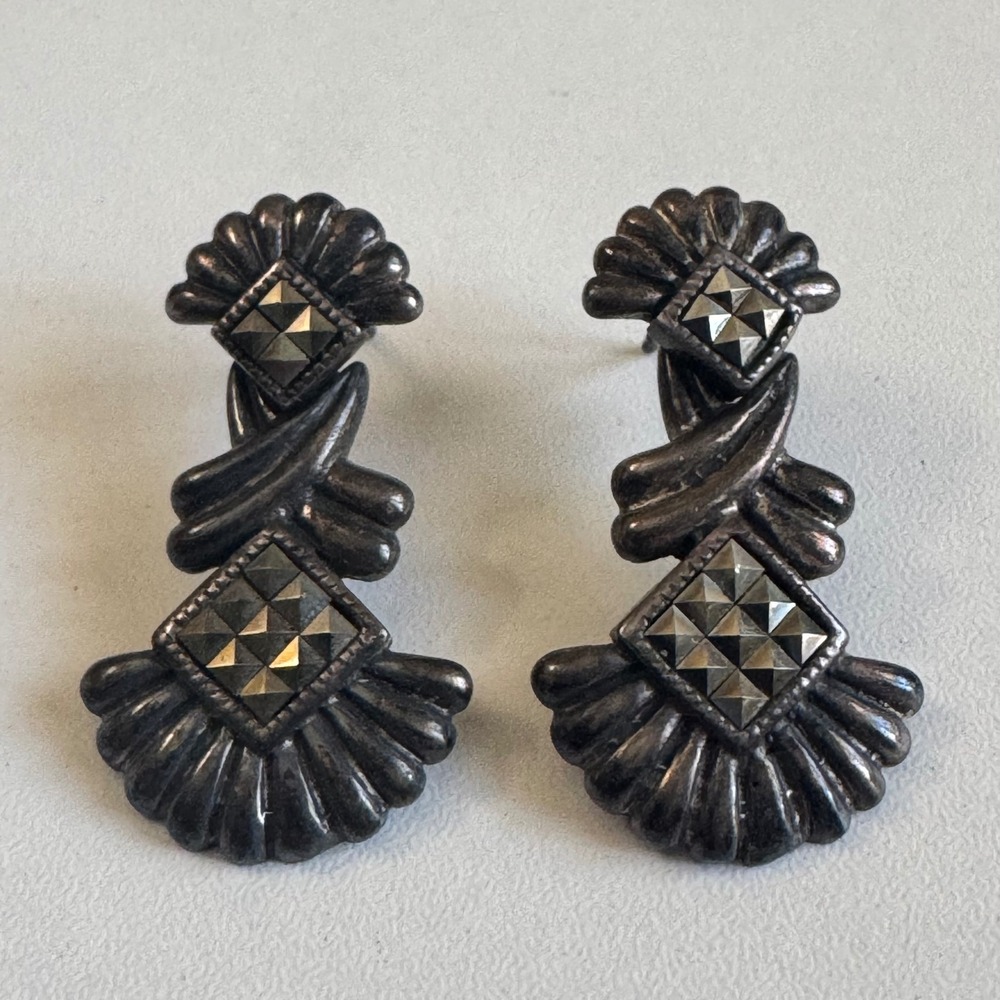HAN Vintage 925 Sterling Silver Marcasite Art Deco Fan Drop Earrings
